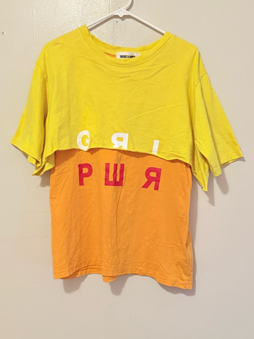 Rocket x Lunch - Yellow and Orange Colorblock Tee. Korean Streetwear